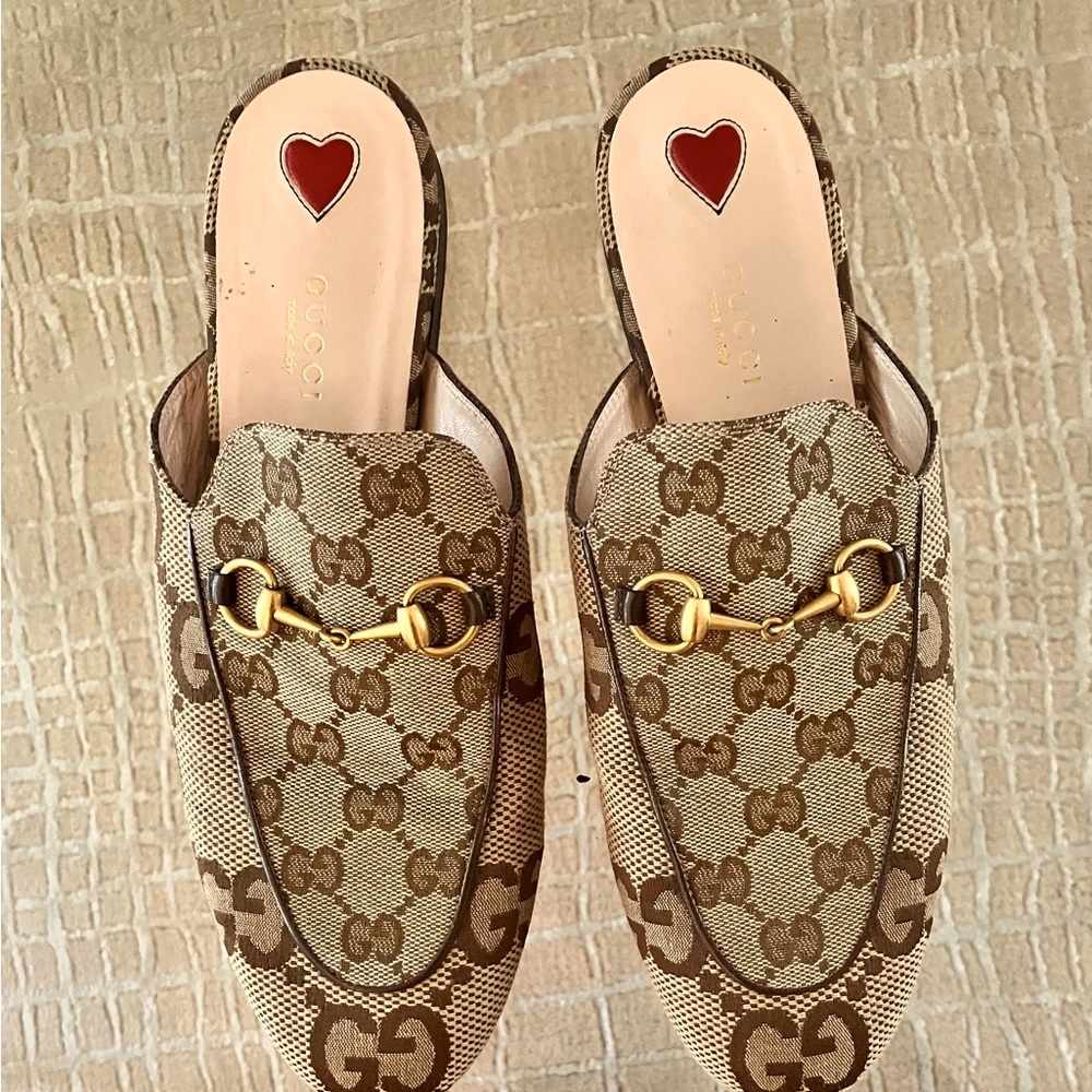 Gucci Princetown Canvas Slippers/Loafers, Double G, Horsebit accent